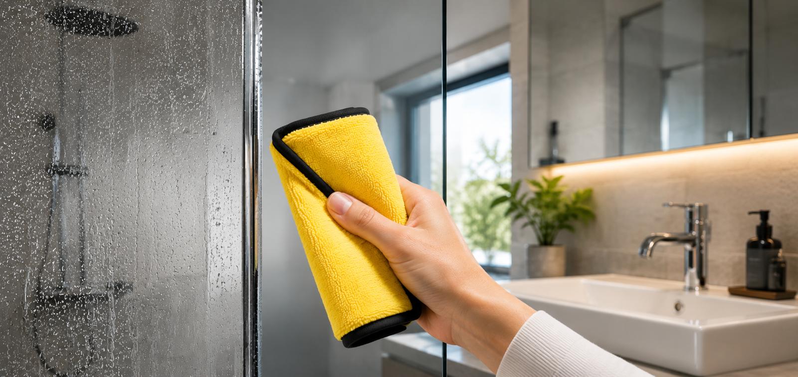 Kalktuch entfernt Wasserreste von der Duschkabine und hilft neue Kalkflecken zu verhindern