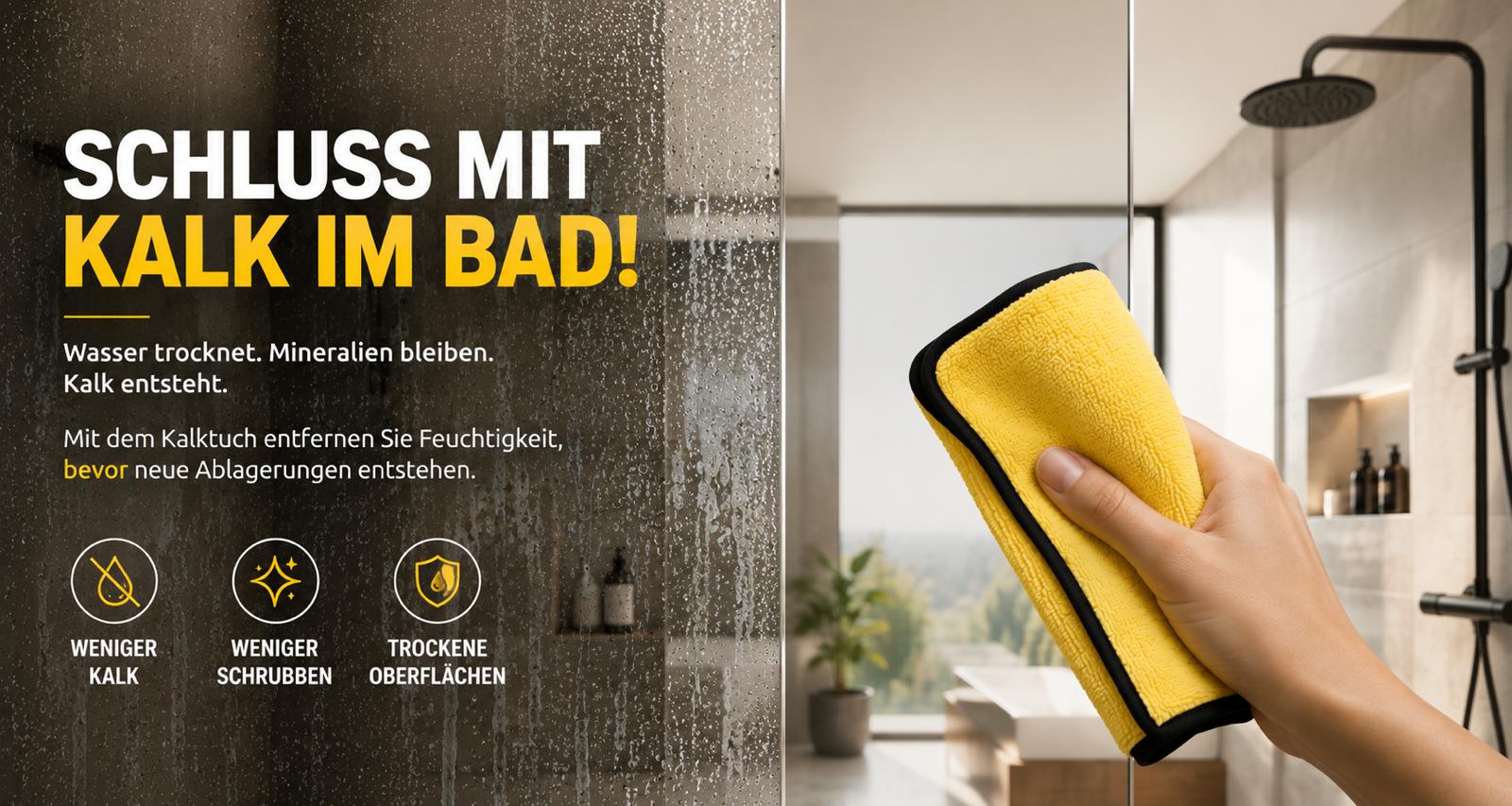 Kalktuch gegen Kalkflecken in der Duschkabine durch sofortiges Trockenwischen nach dem Duschen